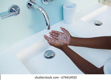 High Angle View Of Boy Washing Hands In Sink At Domestic Bathroom, Coronavirus Hand Washing For Clean Hands Hygiene Covid19 Spread Prevention