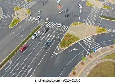 High angle view of busy traffic flow at modern city road intersection in China