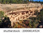 High angle view of the cliff dwellings and Cliff Palace as part of preserved ancestral Puebloan archaeological site in Mesa Verde National Park, Colorado, USA