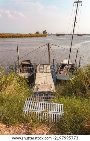 High angle view of Comacchio valleys, a series of contiguous brackish lagoons where fishing is the main occupation. Copy space.