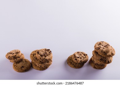 High Angle View Of Cookies Stacked Over White Background With Copy Space. Unaltered, Food, Studio Shot And Snack.