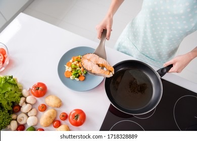 High angle view cropped photo of housewife lady put grilled salmon fillet steak flying pan ready roasted on plate with garnish cooking dinner wear apron t-shirt stand modern kitchen indoors