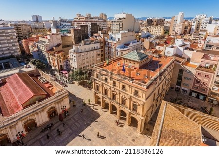 High angle view of Castellón de la Plana city hall and other main buildings