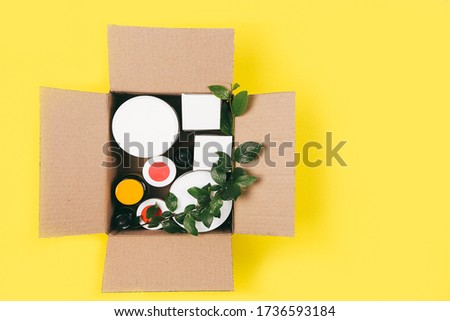 High Angle View Of A Delivered Parcel with goods. Express delivery. Beauty and Healh