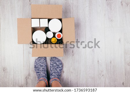 High Angle View Of A Delivered Parcel with goods. Express delivery. Beauty and Healh