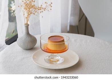 High Angle View Of Dessert  Caramel Custard Pudding In Plate On Table