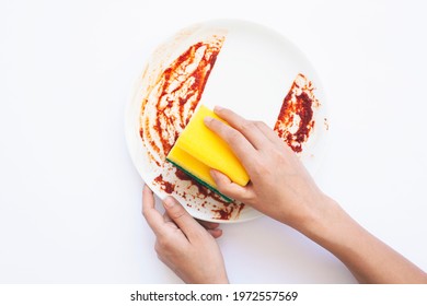 High Angle View Of Dirty White Plate On White Background