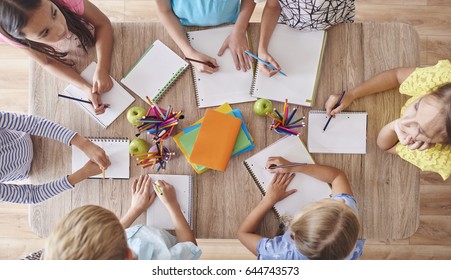 High angle view of drawing kids 