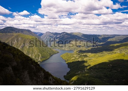 High angle view of the Drina River canyon and Perucac Lake from Banjska Stena viewpoint. Tara National Park, Serbia