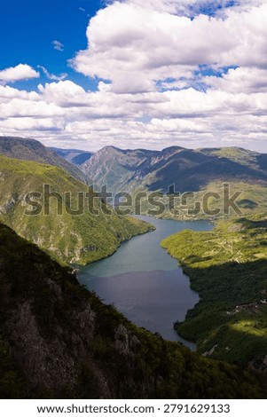 High angle view of the Drina River canyon and Perucac Lake from Banjska Stena viewpoint. Tara National Park, Serbia