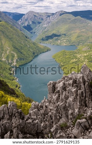 High angle view of the Drina River canyon and Perucac Lake from Banjska Stena viewpoint. Tara National Park, Serbia