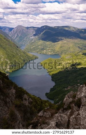 High angle view of the Drina River canyon and Perucac Lake from Banjska Stena viewpoint. Tara National Park, Serbia
