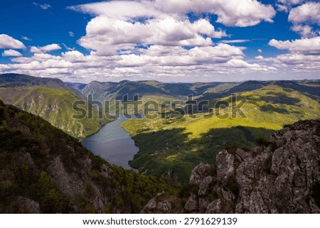 High angle view of the Drina River canyon and Perucac Lake from Banjska Stena viewpoint. Tara National Park, Serbia