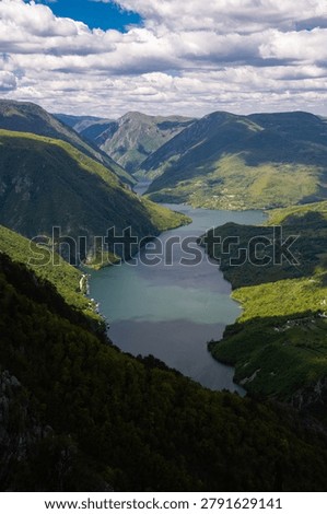 High angle view of the Drina River canyon and Perucac Lake from Banjska Stena viewpoint. Tara National Park, Serbia