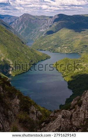 High angle view of the Drina River canyon and Perucac Lake from Banjska Stena viewpoint. Tara National Park, Serbia