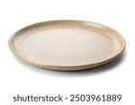 High angle view of empty brown spotted shallow ceramic plate isolated on white background with clipping path