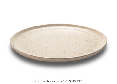 High angle view of empty brown spotted shallow ceramic plate isolated on white background with clipping path. - Shutterstock ID 2306043737