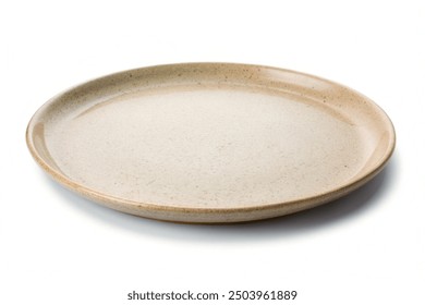 High angle view of empty brown spotted shallow ceramic plate isolated on white background with clipping path