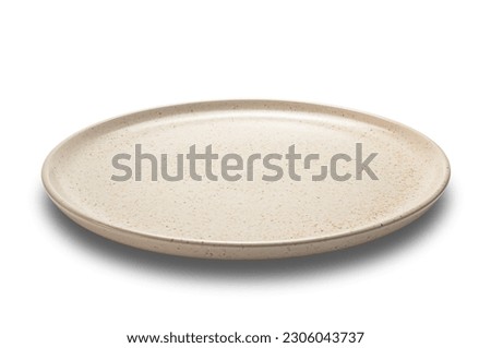 High angle view of empty brown spotted shallow ceramic plate isolated on white background with clipping path.