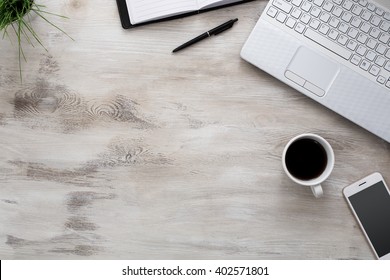 High Angle View Of An Empty Workplace, Desk With Copy Space