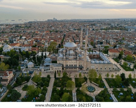 High angle view of the Fatih Mosque and surrounding Istanbul cityscape.This aerial shot showcases the Fatih Mosque in Istanbul, Turkey, amidst the city's urban sprawl. Suleymaniye, Sultanahmet, Kandil