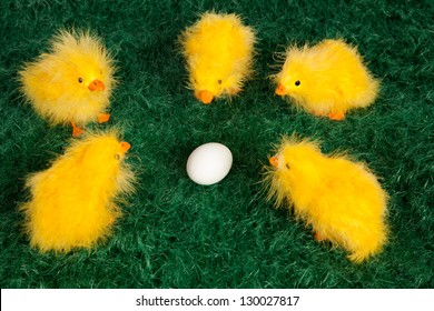 High angle view of five cute little yellow Easter chicks gathered on green grass around a single unhatched egg for a colourful Easter greeting