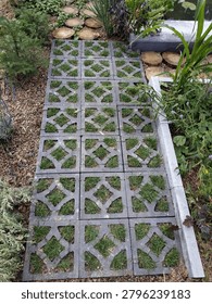 High angle view of a garden path made of grey concrete permeable pavers with green grass growing through holes. Eco-friendly landscape design.