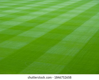 A high angle view of green landscaped grass of a sports field mowed in square pattern