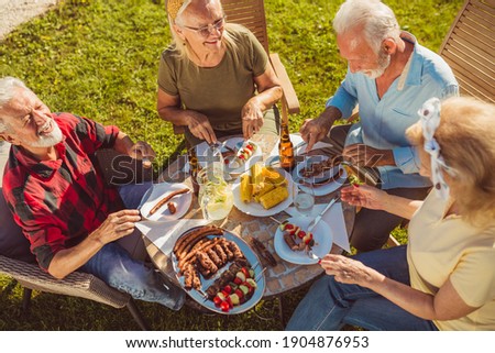 High angle view of group of senior friends having an outdoor lunch in the backyard, gathered around the table, eating, drinking and having fun