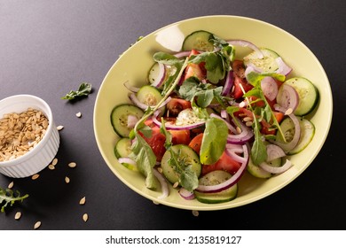 High Angle View Of Healthy Salad In Bowl On Black Background, Copy Space. Unaltered, Food, Studio Shot, Healthy Eating.