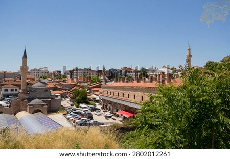 High angle view of the historical Tashan caravanserai and old town marketplace in Merzifon, Amasya, Turkey