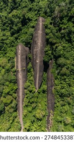 High angle view of an iconic Three Whales Rock (in Thai called Hin Sam Wan) a 75-million-year-old rock formation protruding out of a mountain in Phou Sing, Bueng Kan Province, Thailand.