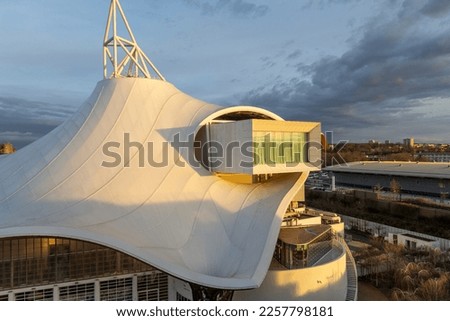 High angle view including the Centre Pompidou-Metz in Metz, a city in the Lorraine region at northeast France at evening time