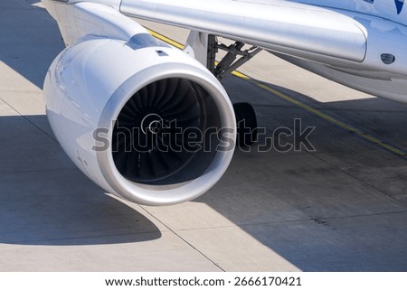 High angle view of jet engine of passenger airplane parked at Swiss Airport Zürich Kloten on a sunny summer day. Photo taken August 11th, 2025, Zurich Kloten, Switzerland.