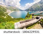 High angle view of lake "Kölnbreinspeicher" in state of Carinthia, Austria. Water bin in the foreground.