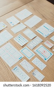 High angle view of layouts of user experience design on wooden table