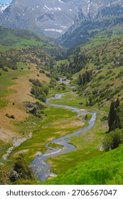 High angle view looking down onto a river meandering in S-curves through a flat, lush green valley floor, flanked by steep, grassy mountain slopes.