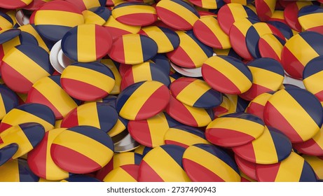 A high angle view of many circular pins showing the Chadian national flag colors in a messy pile