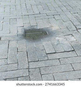 High angle view of a misplaced paving block on a stone sidewalk with a water puddle