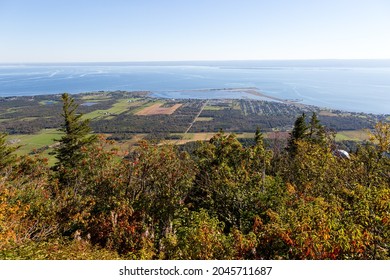 High angle view of mixed trees on the Mount St. Joseph side with a coastal lagoon and the sea in the background seen during a sunny late summer afternoon, Carleton-sur-Mer, Quebec, Canada