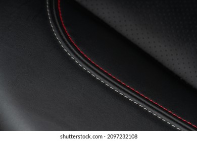 High Angle View Of Modern Car Fabric Seats. Close-up Car Seat Texture And Interior Details. Detailed Image Of A Car Pleats Stitch Work. Leather Seats.