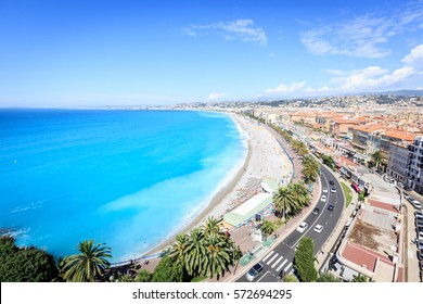 High Angle View Of Nice City Beach. Cote D'Azur, France.