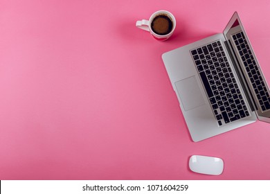 High Angle View Of Office Colored Desk With Copy Space Table With Laptop And Supplies Top View