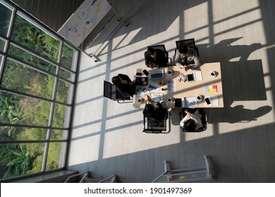 High Angle View Of Office Room With Business People Meeting And Discussing At Table With Natural Light From Transparent Window With Green Garden View