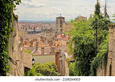High angle view of the old town and cathedral of Lyon