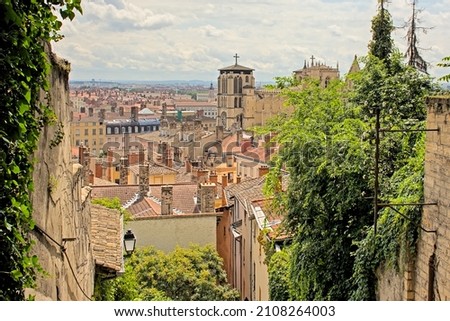 High angle view of the old town and cathedral of Lyon