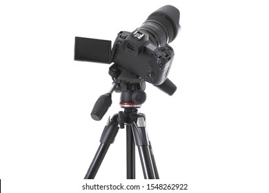 High angle view on massive black still-shot camera on trepied isolated