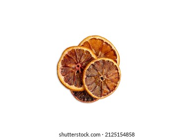 High Angle View Of Organic Dried Blood Orange Slices On White Background