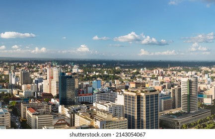 High Angle View Over The Central Business District Of Nairobi, Kenya With Blue Sky