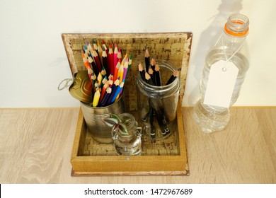 High Angle View Over Tidy Craft/diy/drawing Space. Reused Household Waste. Pencil Holder. Wooden Box Organizer.